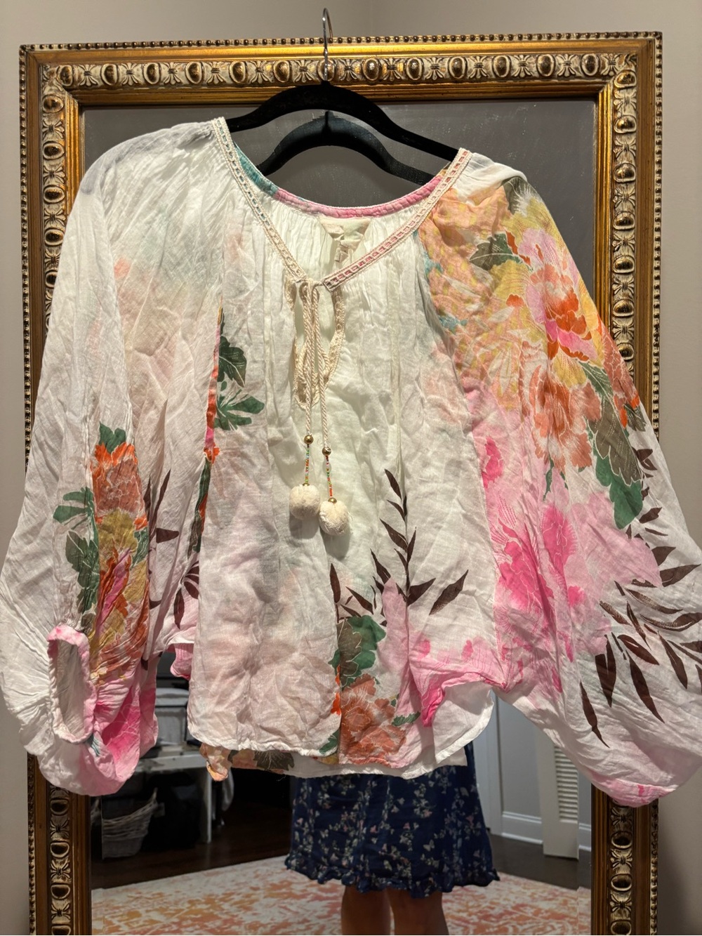 Boho Floral Peasant Top - White with Pink & Green, M/L